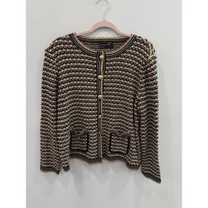 NEW Ava Golf Italy Tweed Wool Metallic Button Cardigan 3X Black Gold Old Money